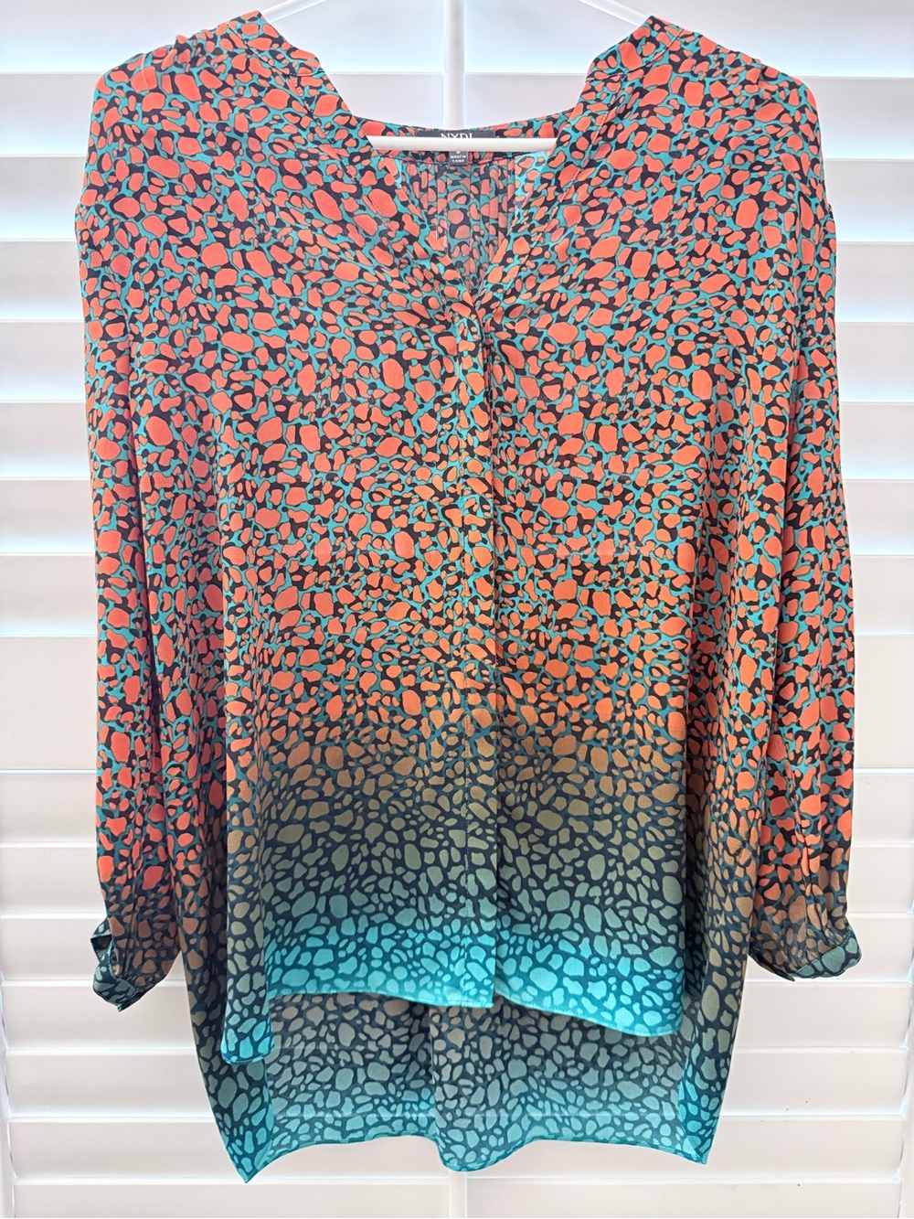 NYDJ Ombre Animal-Print Button Front Blouse in Coral and Teal